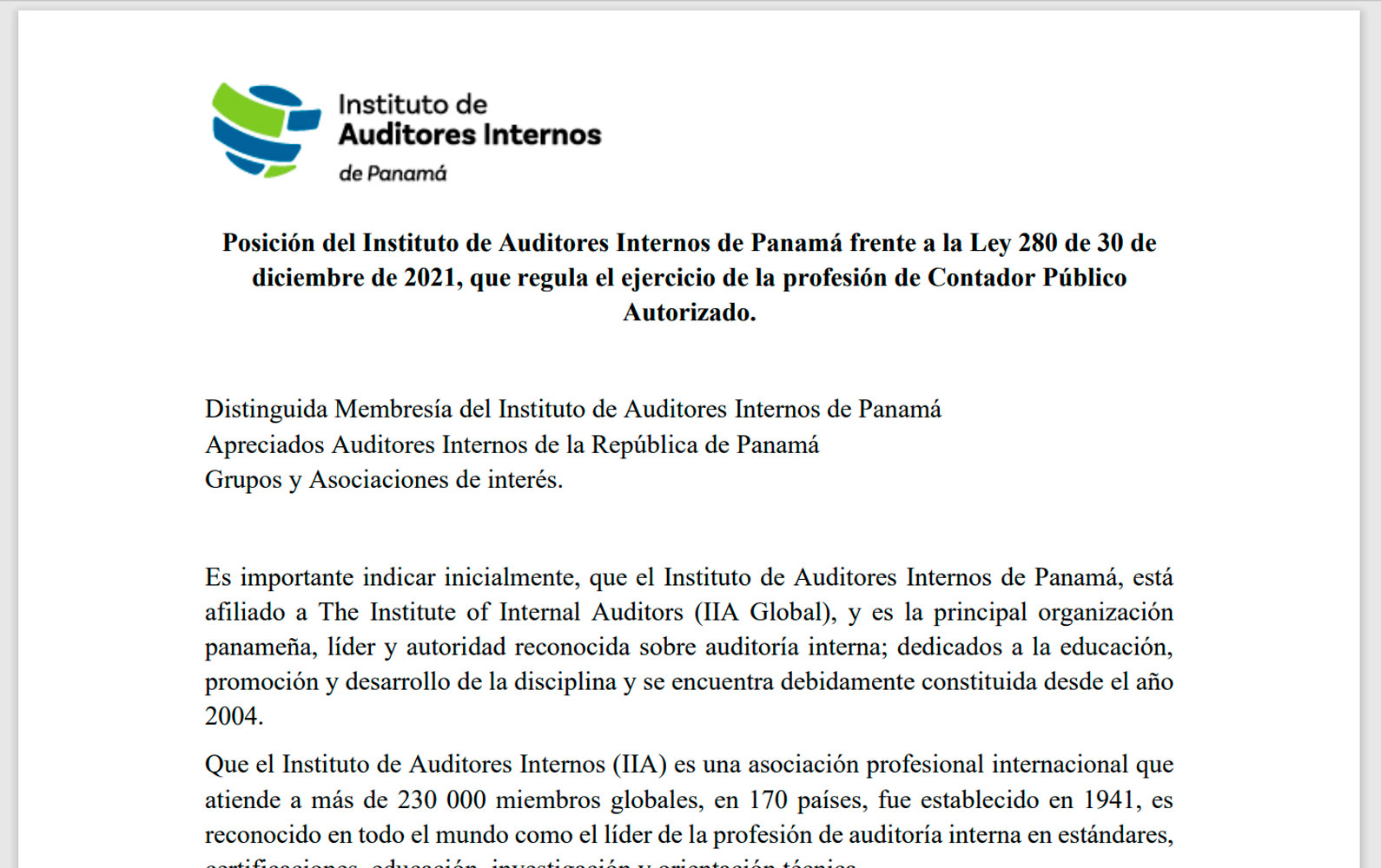 Posición del Instituto de Auditores Internos de Panamá frente a la Ley 280 de 30 de diciembre de 2021 que regula el ejercicio de la profesión de Contador Público Autorizado